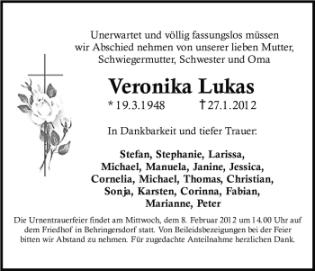 Traueranzeige von Veronika Lukas von Pegnitz-Zeitung